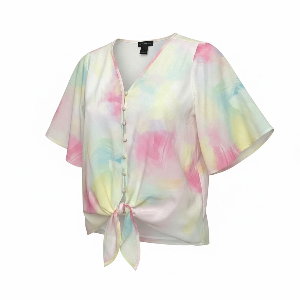 Investments Women Pastel Watercolor Tie Front Button Down Blouse Pink Blue S